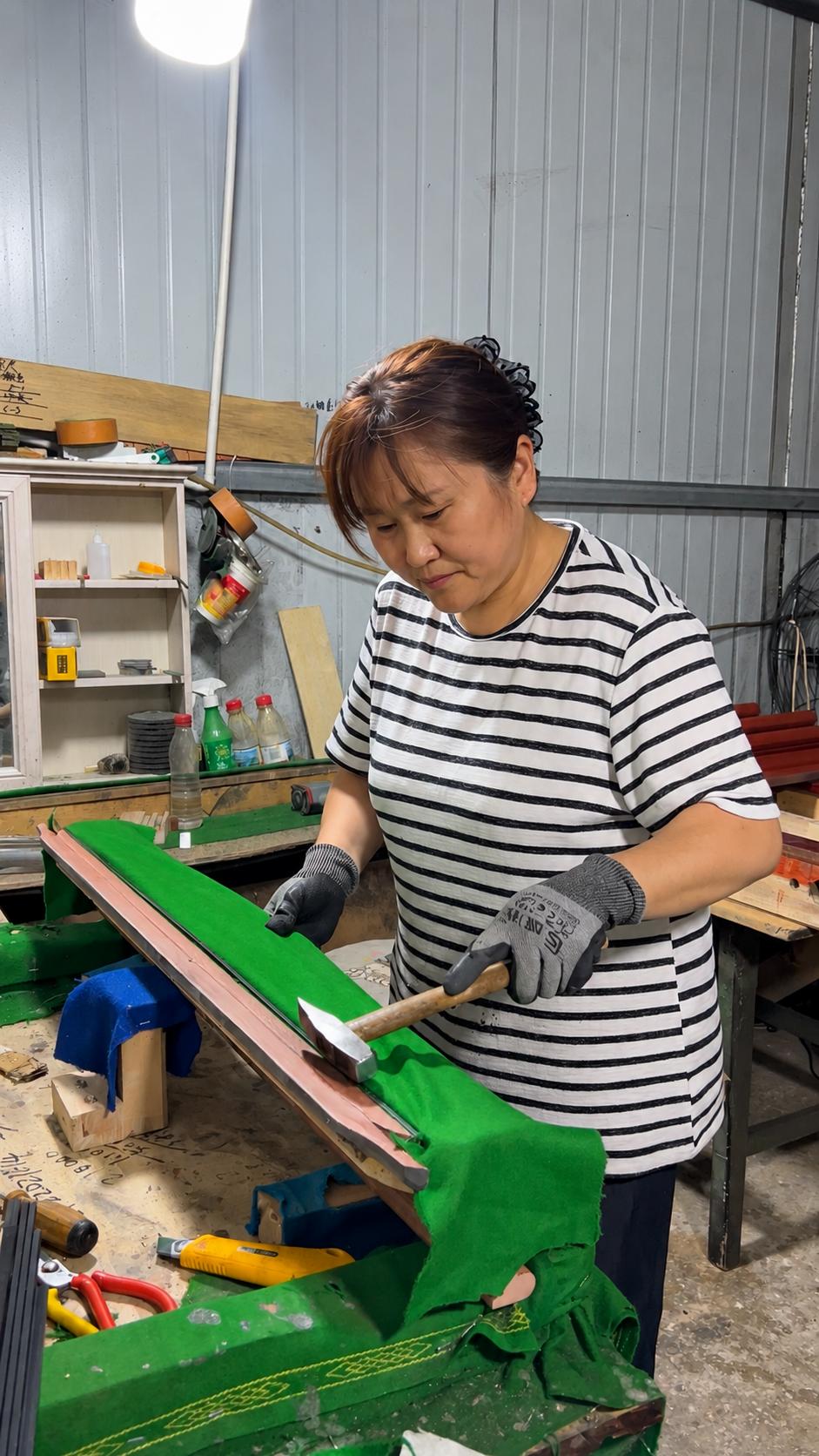 Cloth and rail installation during billiard table assembly